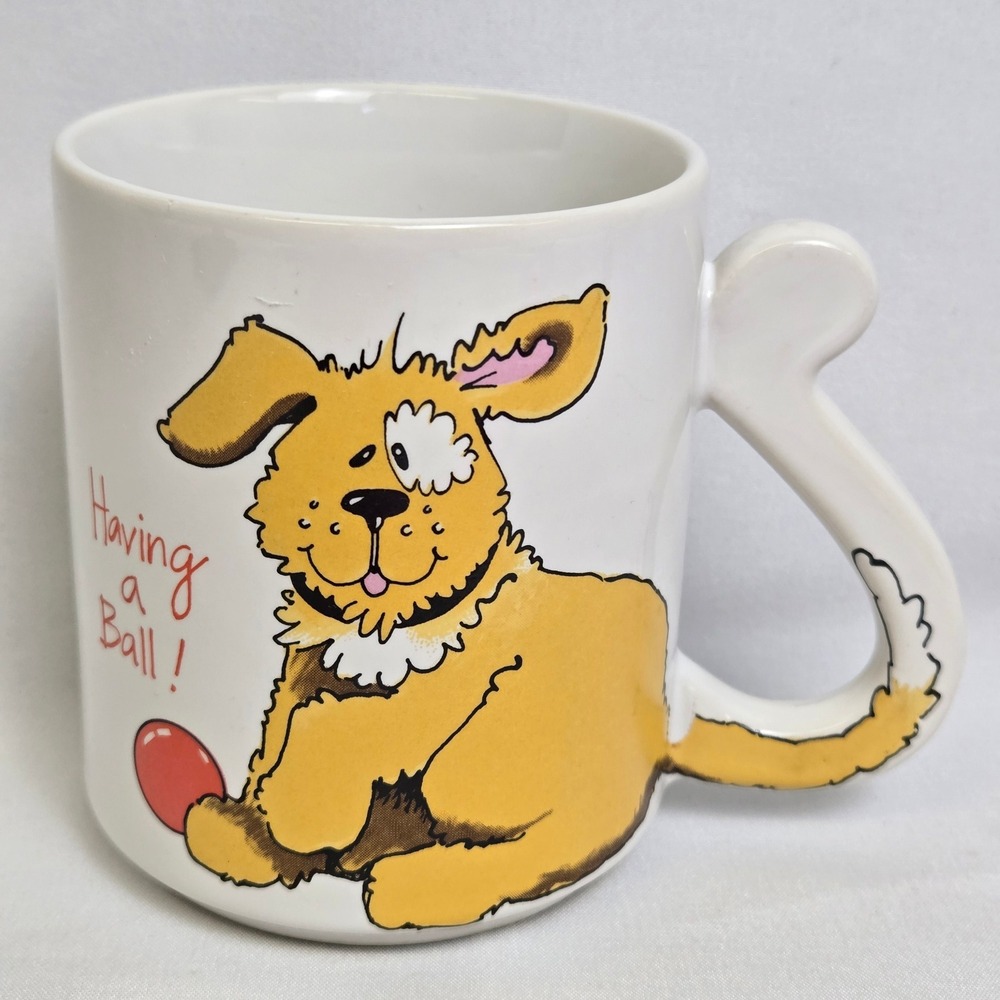 Having A Ball Cartoon Dog Mug Tail Handle Japan Vintage 3.5"